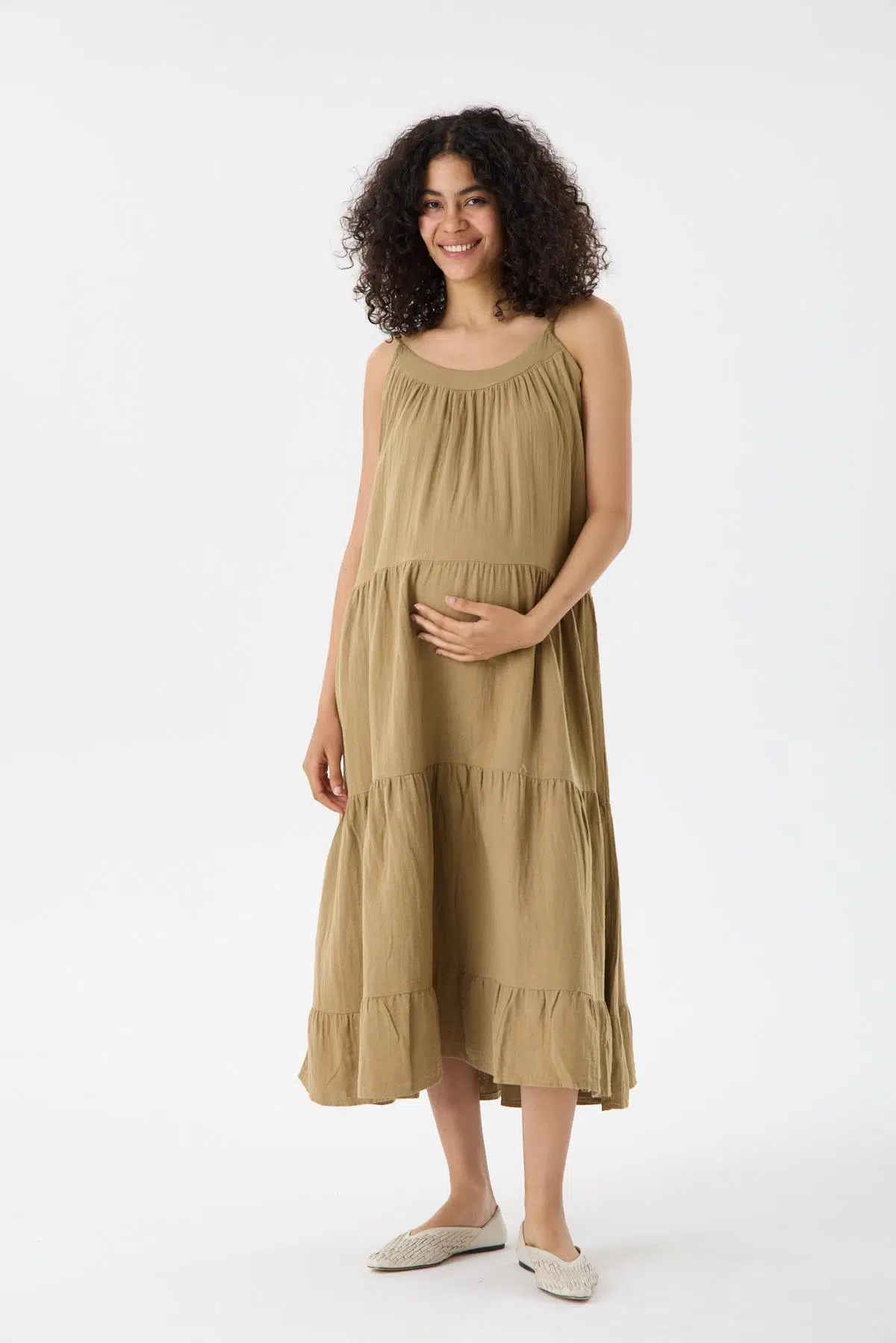 IŞŞIL 1077-Muslin Kumaş Askılı OverSize Hamile Askılı Elbise - Yeşil