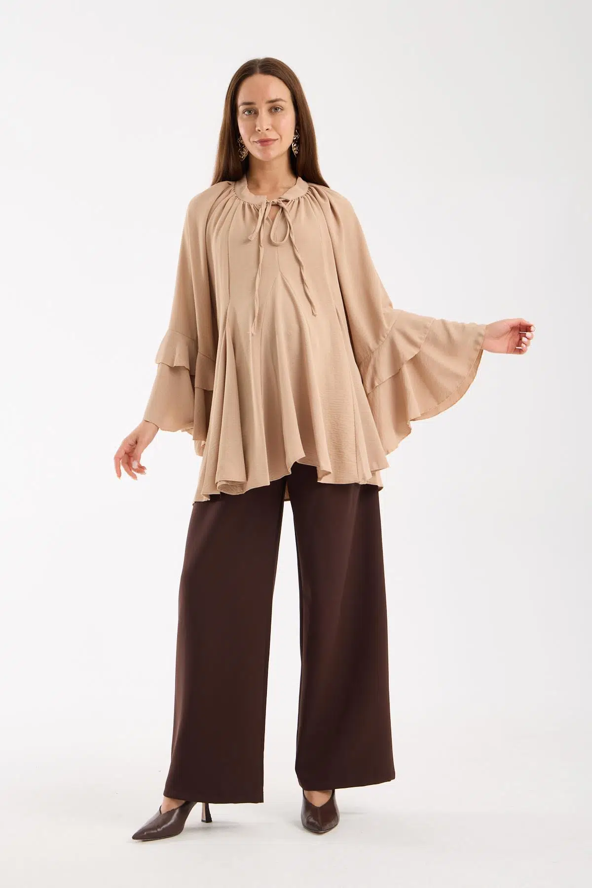 IŞŞIL 2618-Volanlı Kol Hamile Giyim OverSize Bluz-Tunik - Bej