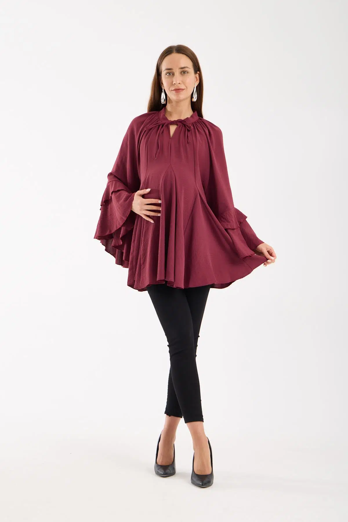 IŞŞIL 2618-Volanlı Kol Hamile Giyim OverSize Bluz-Tunik - Bordo