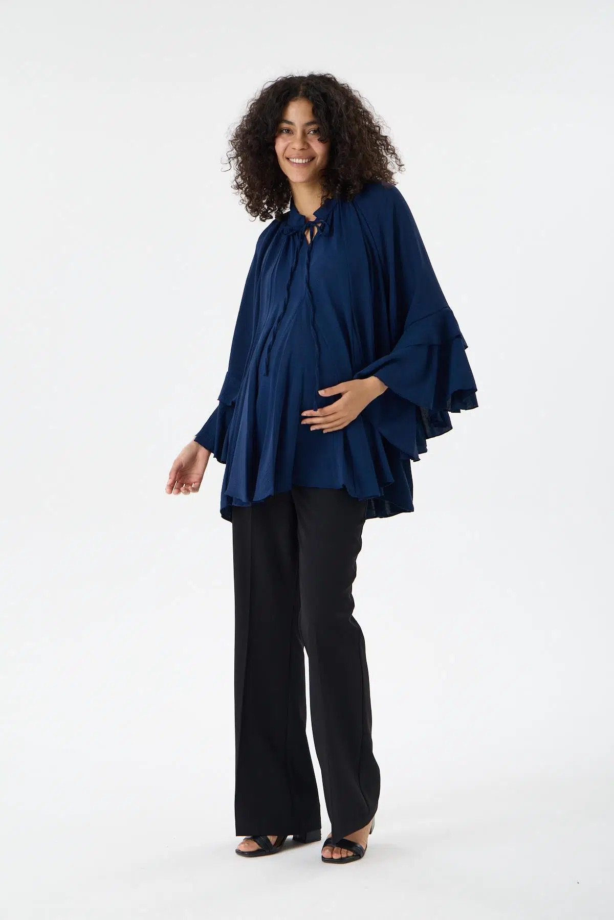IŞŞIL 2618-Volanlı Kol Hamile Giyim OverSize Bluz-Tunik - Lacivert