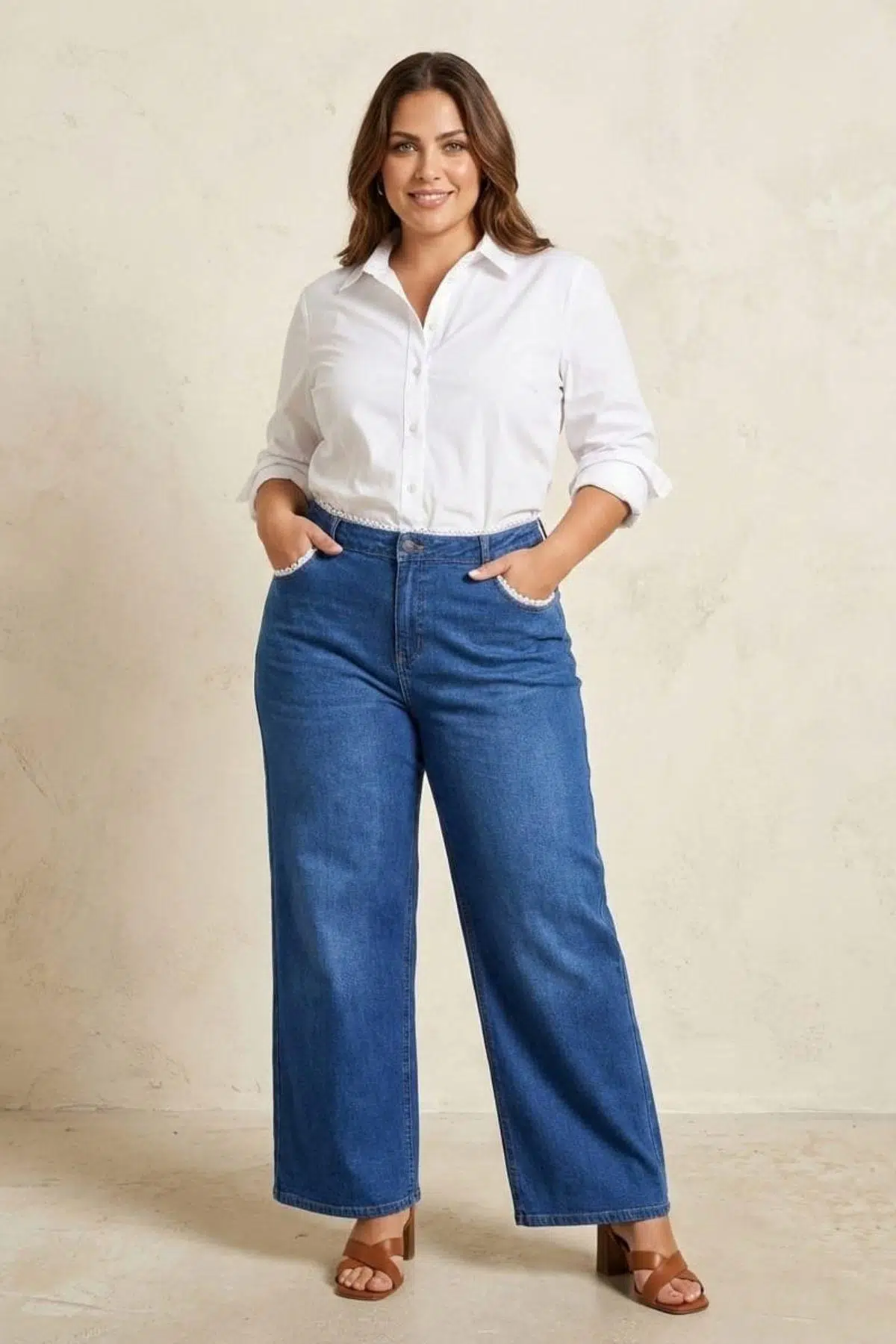 IŞŞIL 460-BrodeKombin Kemer-Cepli Büyük Beden Palazzo Kot Pantolon - Mavi