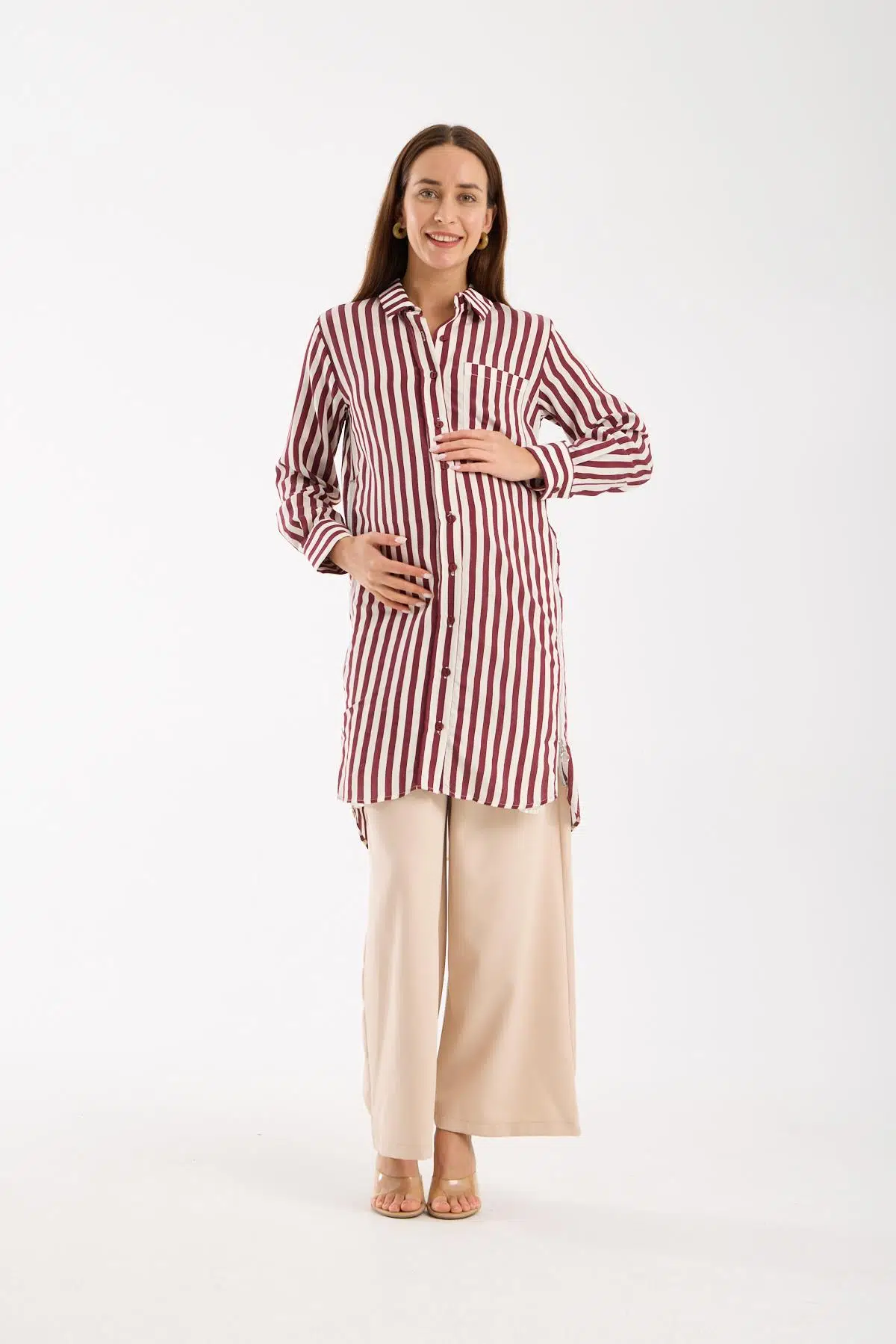 IŞŞIL 5500-Fermuar Körüklü Çizgili Spor Hamile Giyim Gömlek-Tunik - Bordo