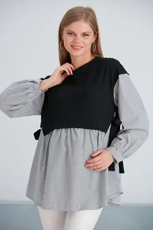 IŞŞIL B037-Çizgili Kombin Penye Yan Bağlamalı Hamile Gömlek-Bluz - Siyah
