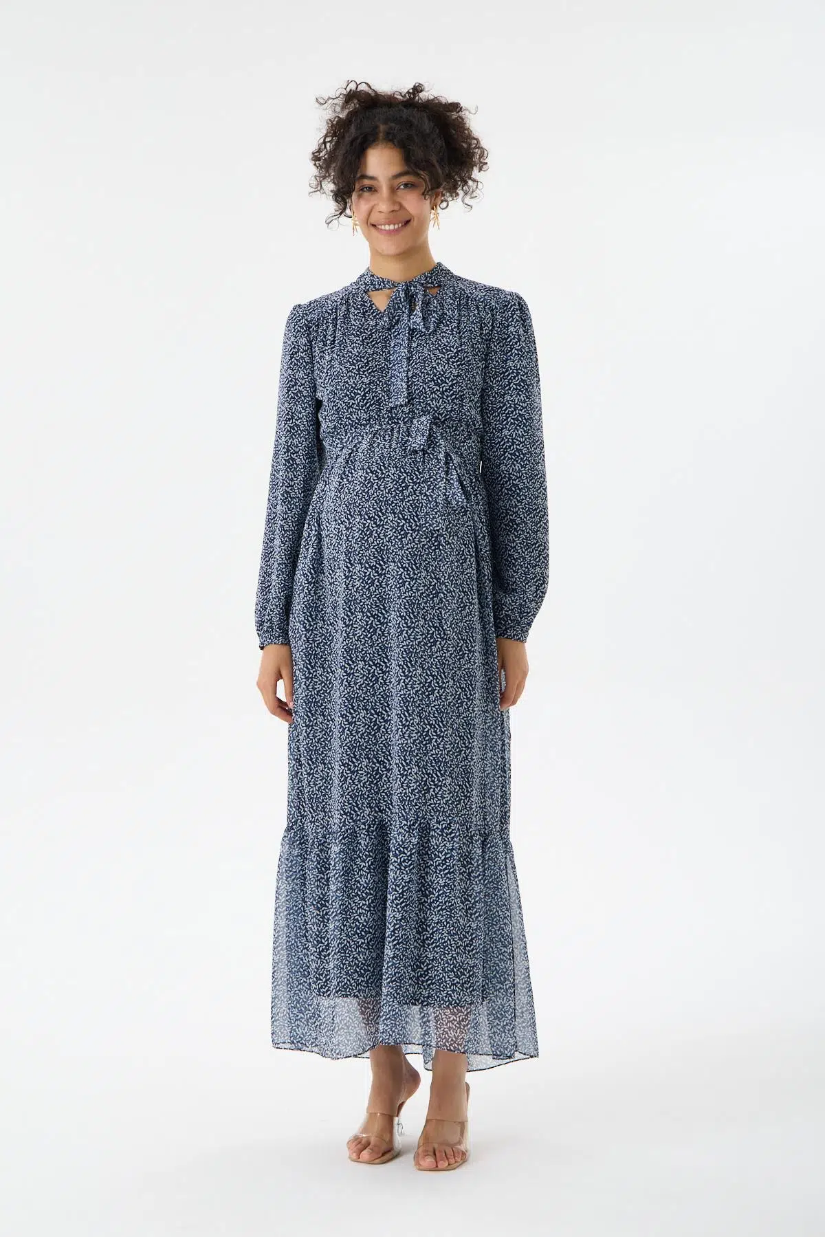 IŞŞIL M0015-Yaka Bağlamalı Çiçek Desen Maxi Hamile Elbise - Lacivert