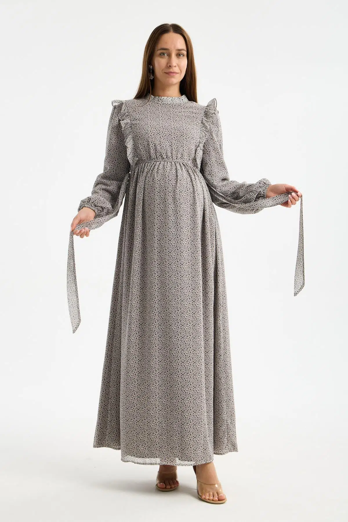 IŞŞIL M0024-Hakim Yaka Mini Leopar Desen Hamile Maxi Şifon Elbise - Vizon