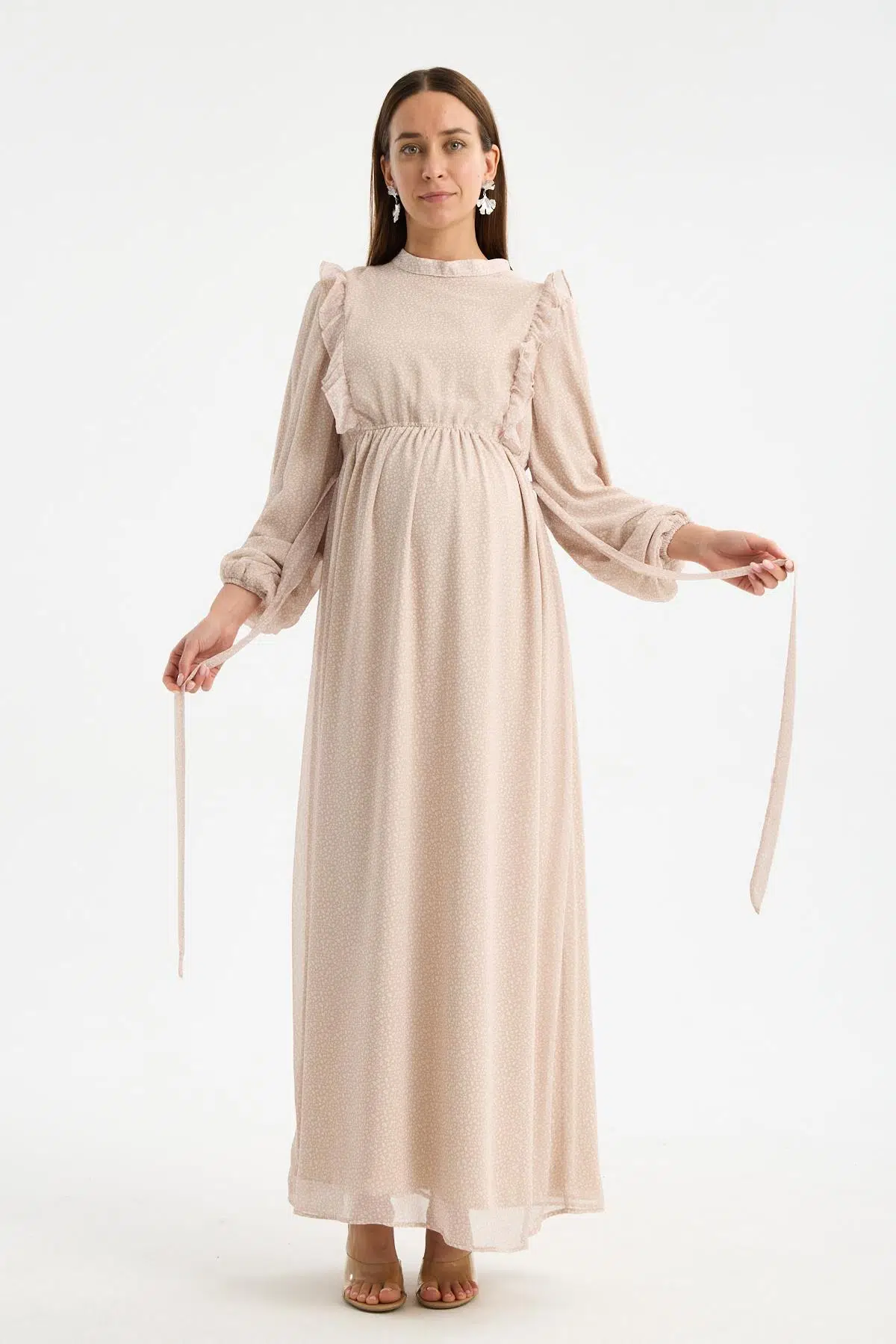 IŞŞIL M0024-Hakim Yaka Mini Leopar Desen Hamile Maxi Şifon Elbise - Bej