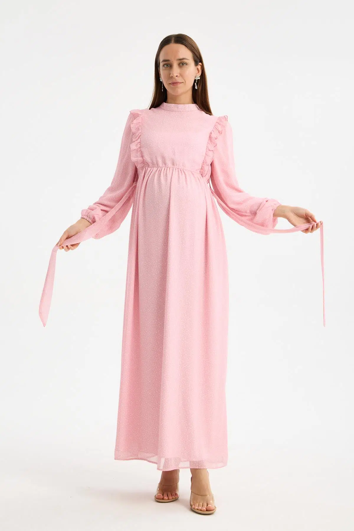 IŞŞIL M0024-Hakim Yaka Mini Leopar Desen Hamile Maxi Şifon Elbise - Pembe