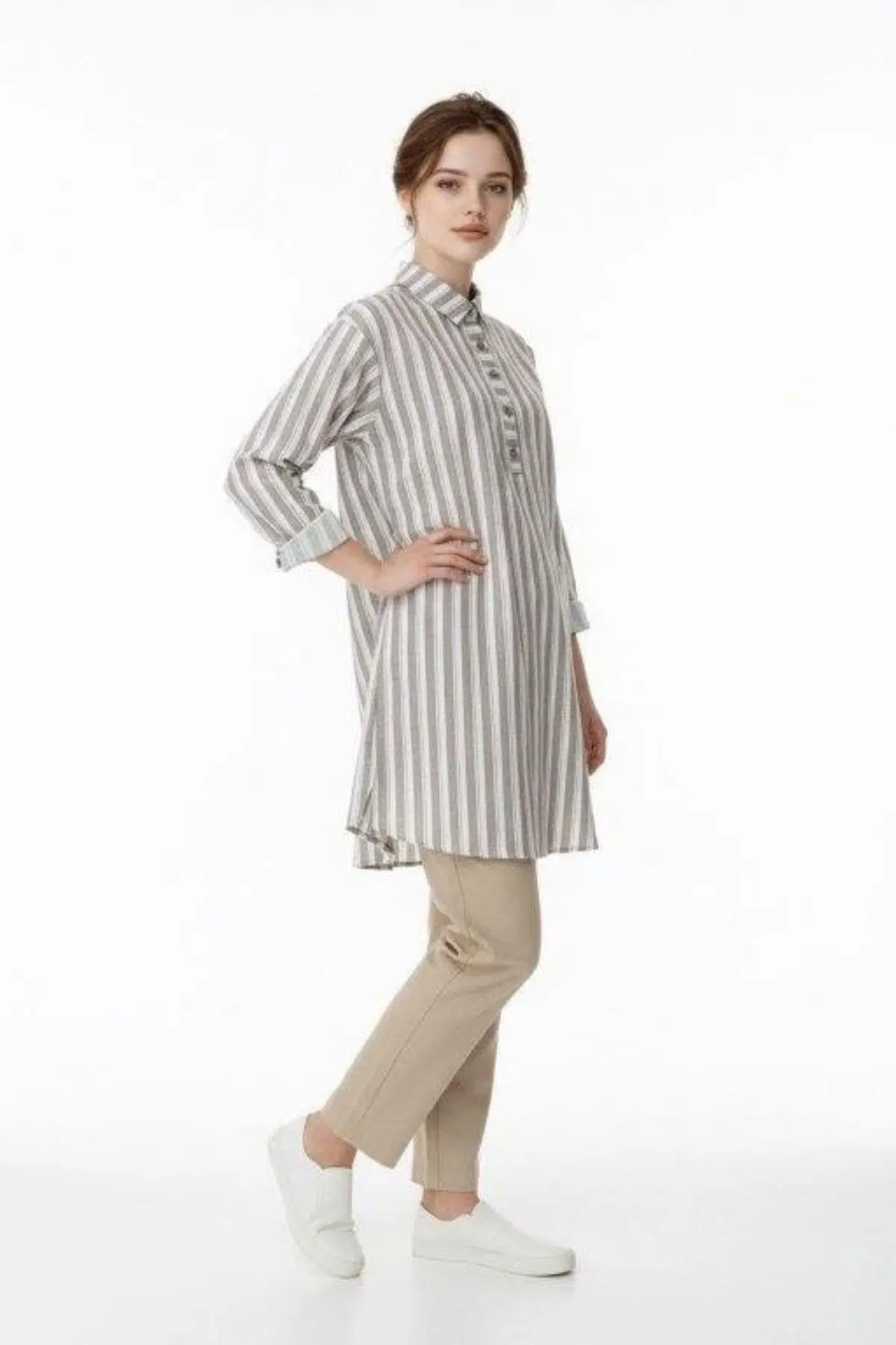 IŞŞIL NE5503-Pamuk Çizgili Emzirme Detay Hamile Giyim Gömlek-Tunik - Bej